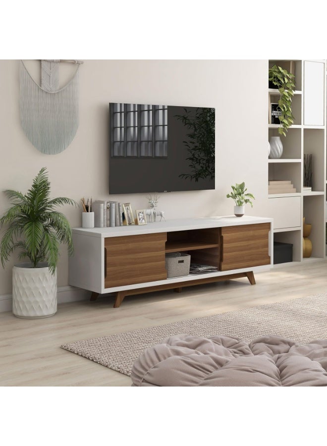 ioHOMES Powelston Mid-Century 63-inch TV Stand, White and Light Walnut Brown - Image 2